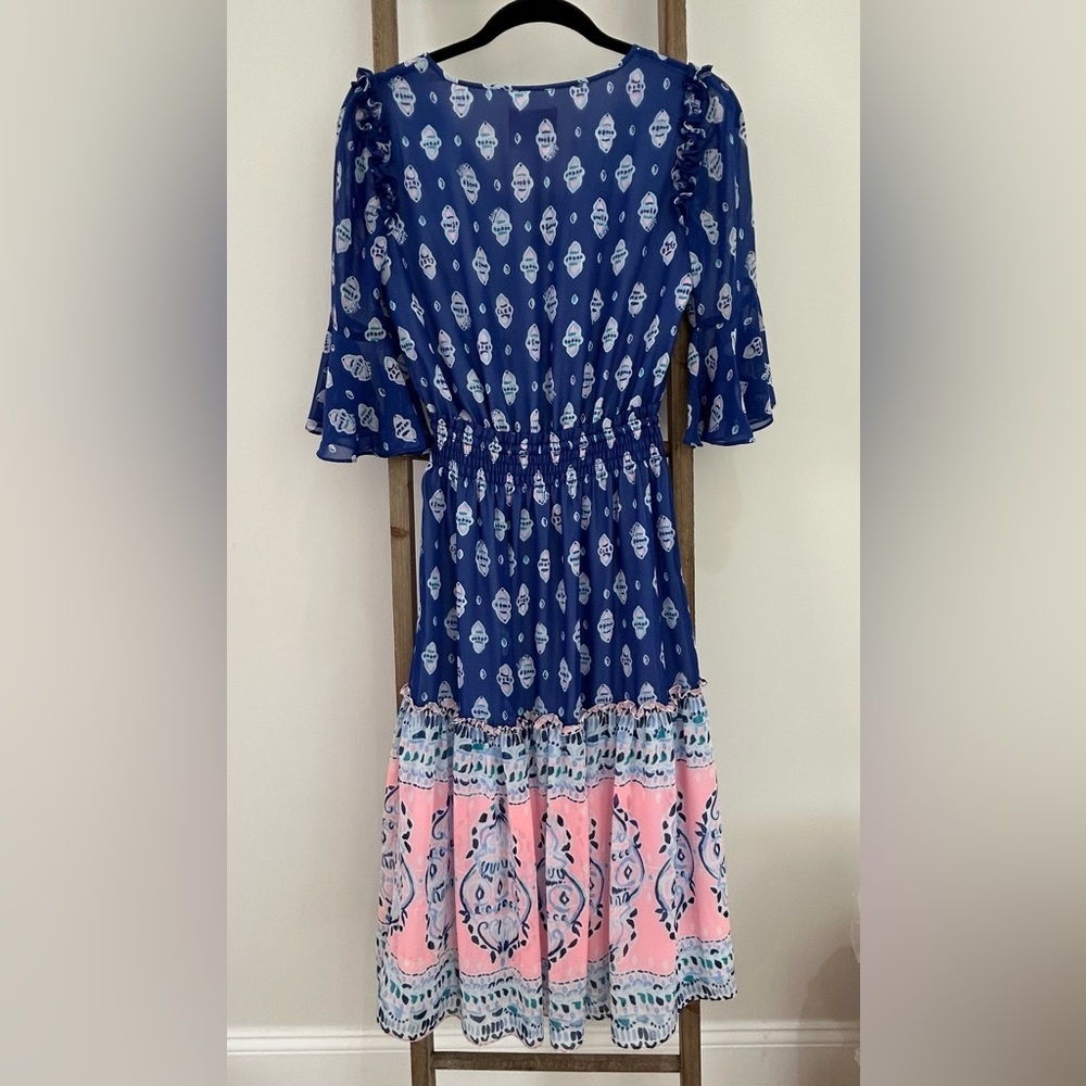 Lily Pulitzer Chiffon Lesleh Midi Dress Size 00 Fit and Flare Elbow Sleeves - Picture 3 of 11